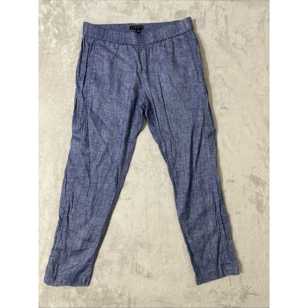 Theory Womens Medium Blue Linen Blend Elastic Waist Tapered Ankle Pants